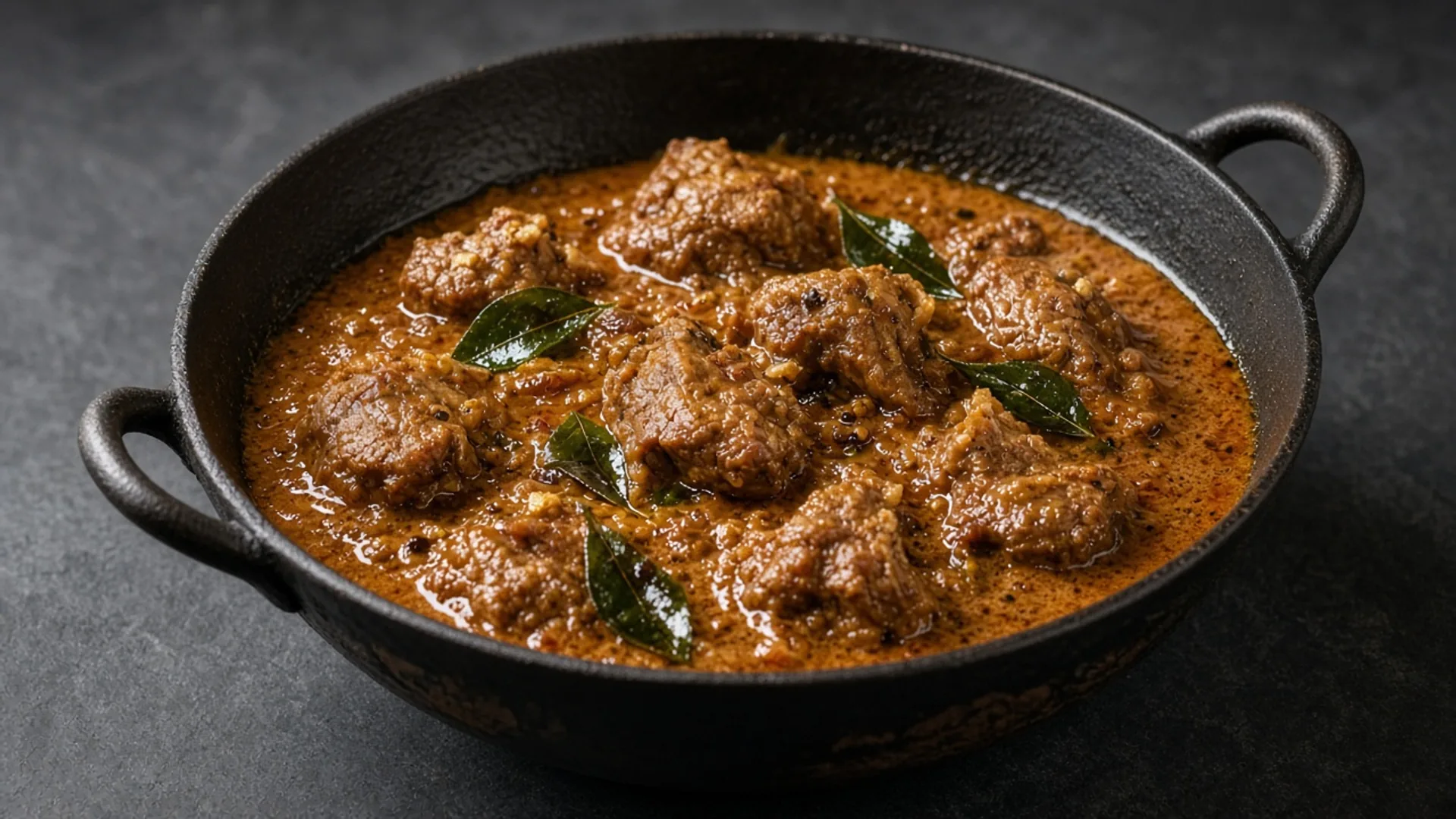 Mutton Thengapal Roast in a black kadai